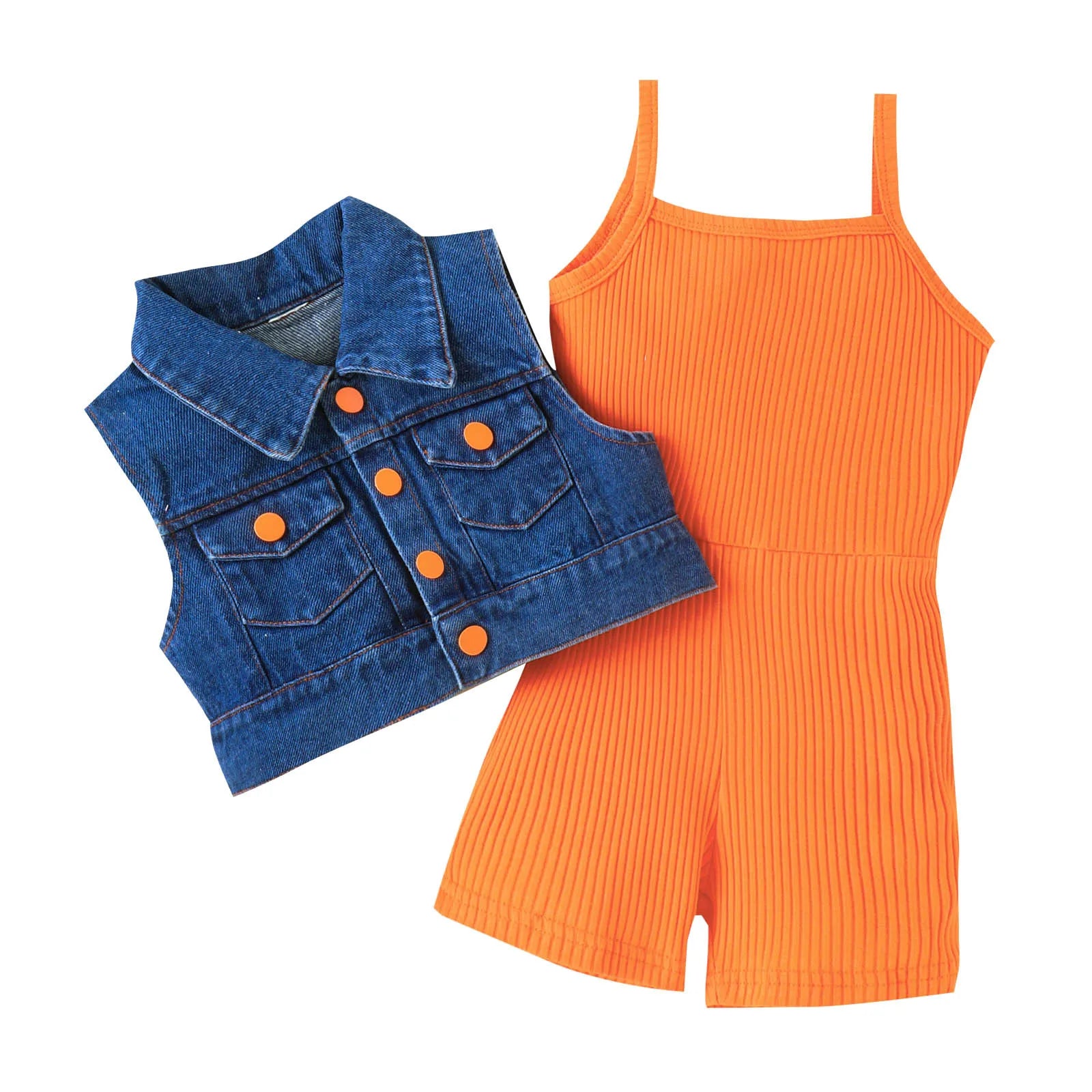 Girls Summer Sleeveless Solid Rib Bodysuit and Denim Coat Set by Yamza Tots' Closet in orange and blue