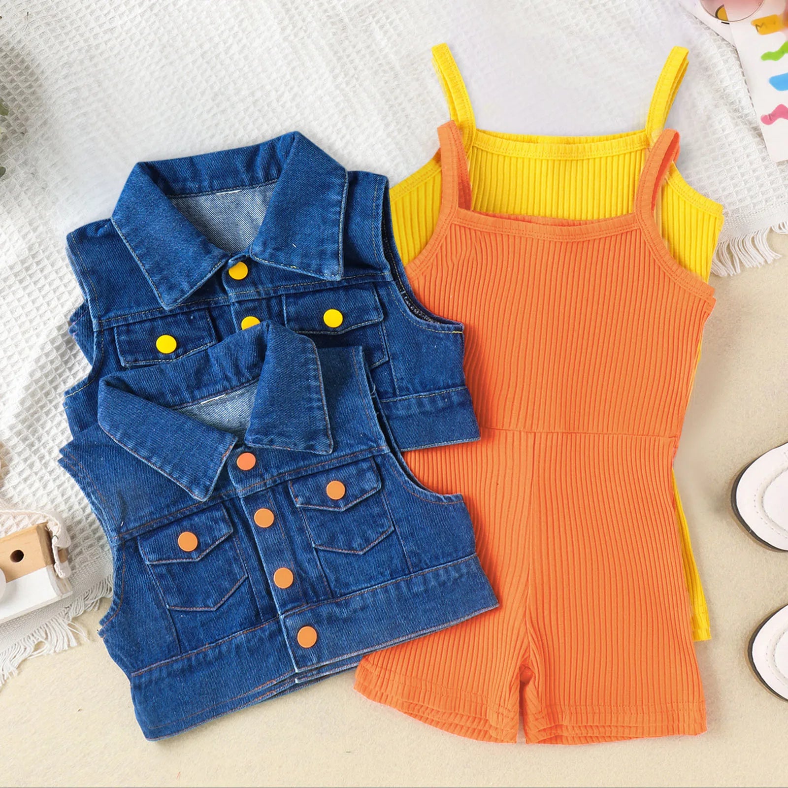 Girls Summer Sleeveless Solid Rib Bodysuit and Denim Coat Set with two denim vests and ribbed bodysuits in yellow and orange