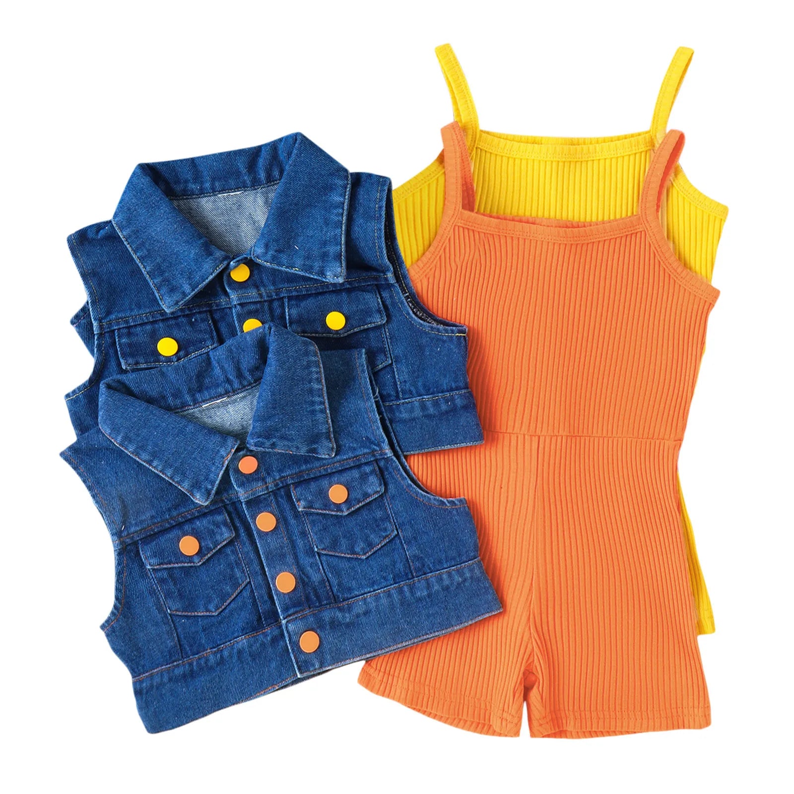 Girls Summer Sleeveless Solid Rib Bodysuit and Denim Coat Set with orange and yellow bodysuits and blue denim coats
