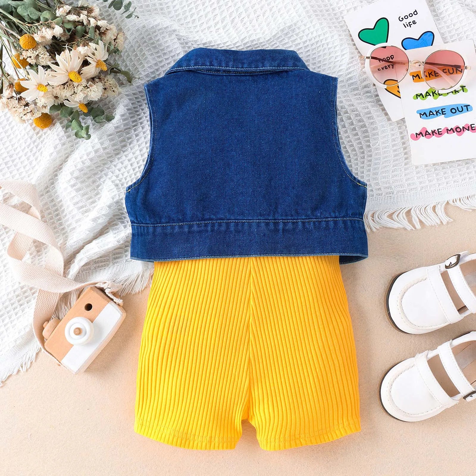 Girls Summer Sleeveless Solid Rib Bodysuit and Denim Coat Set with yellow ribbed bodysuit and blue denim sleeveless coat