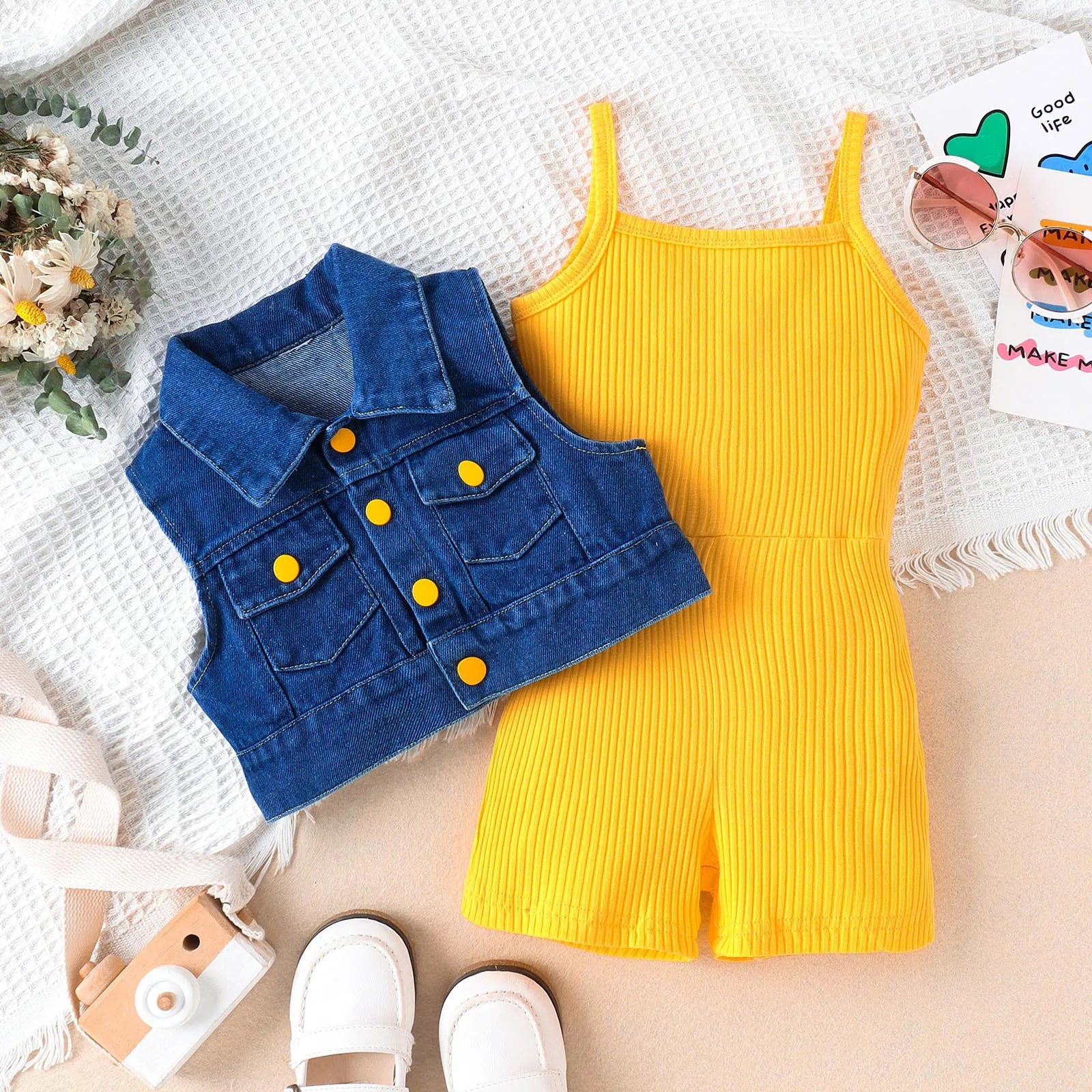 Girls Summer Sleeveless Solid Rib Bodysuit and Denim Coat Set by Yamza Tots' Closet laid out with accessories and shoes