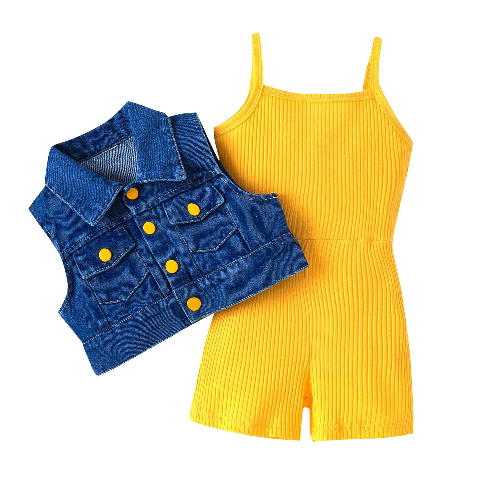 Girls Summer Sleeveless Solid Rib Bodysuit and Denim Coat Set in yellow and blue from Yamza Tots' Closet