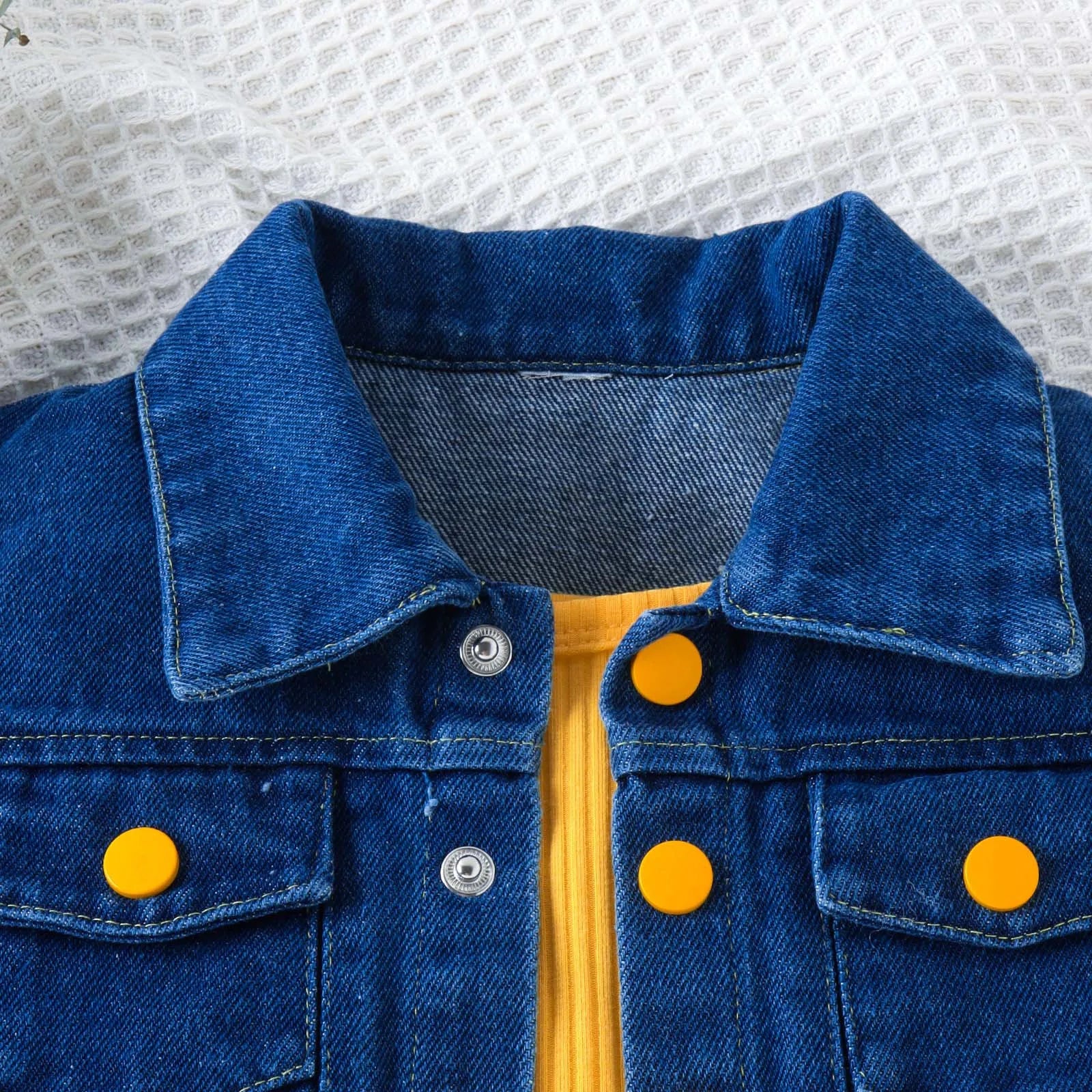 Girls Summer Sleeveless Solid Rib Bodysuit and Denim Coat Set featuring blue denim jacket with yellow buttons and ribbed yellow bodysuit