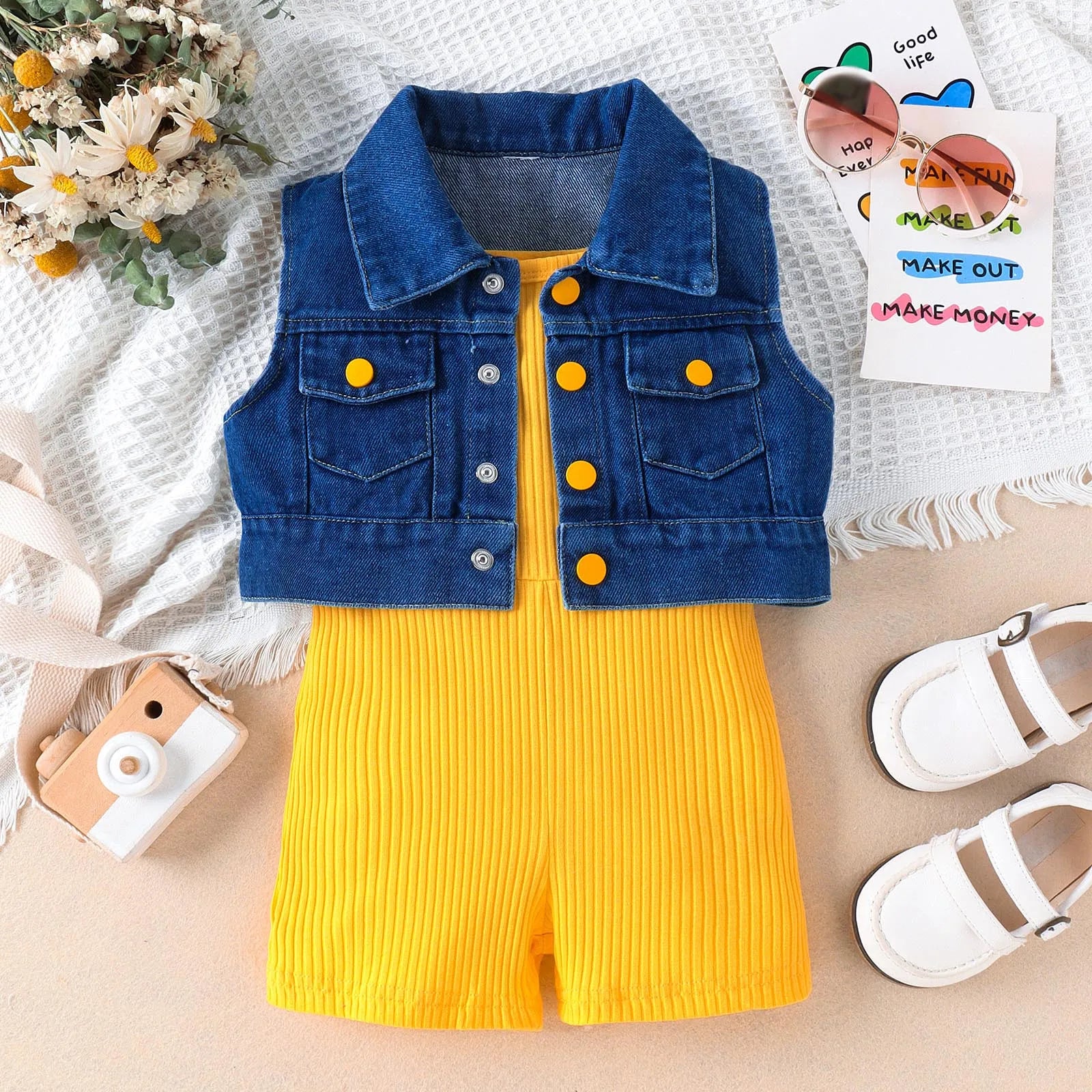 Girls Summer Sleeveless Solid Rib Bodysuit and Denim Coat Set in yellow with blue denim vest styled with sunglasses and white sandals