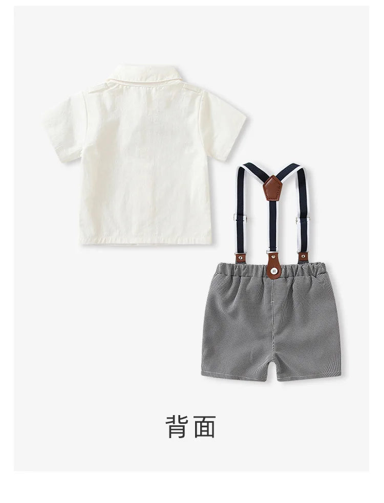 Boys White Short Sleeve Shirt and Shorts Two-Piece Summer Party Outfit by Yamza Tots Closet shown from back