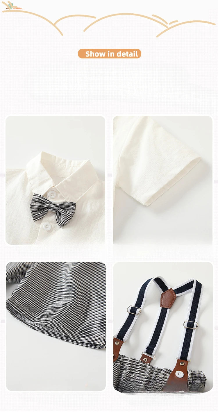 Boys White Short Sleeve Shirt and Shorts Two-Piece Summer Party Outfit with bow tie and suspenders details