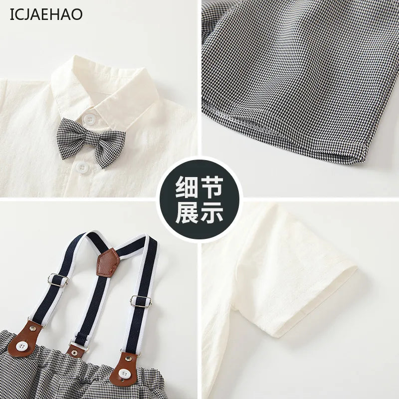 Boys White Short Sleeve Shirt and Shorts Two-Piece Summer Party Outfit with bow tie and suspenders