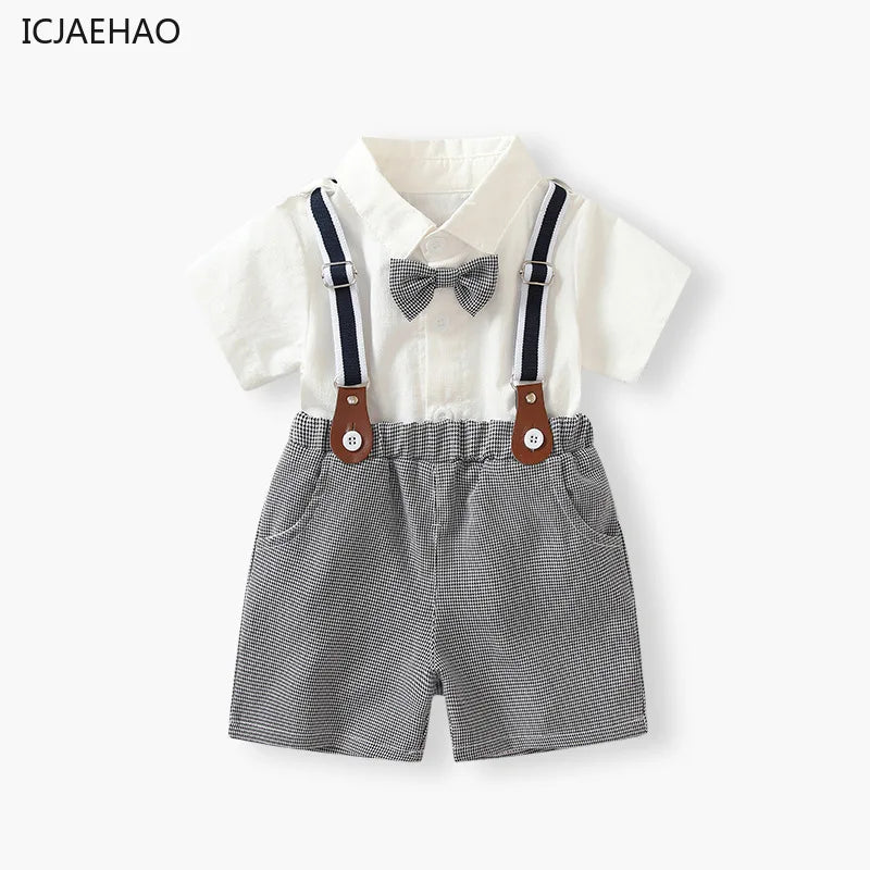 Boys White Short Sleeve Shirt and Shorts Two-Piece Summer Party Outfit with Bow Tie and Suspenders