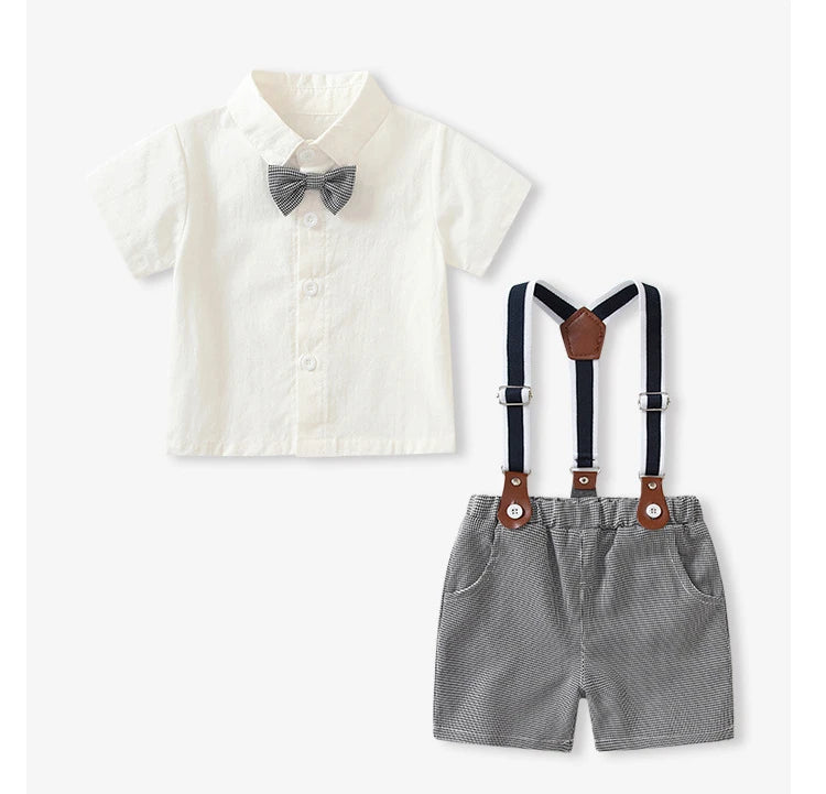 Boys White Short Sleeve Shirt and Shorts Two-Piece Summer Party Outfit with bow tie and suspenders 