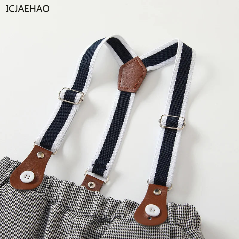 Boys White Short Sleeve Shirt and Shorts Two-Piece Summer Party Outfit suspenders with brown leather accents and black white stripes