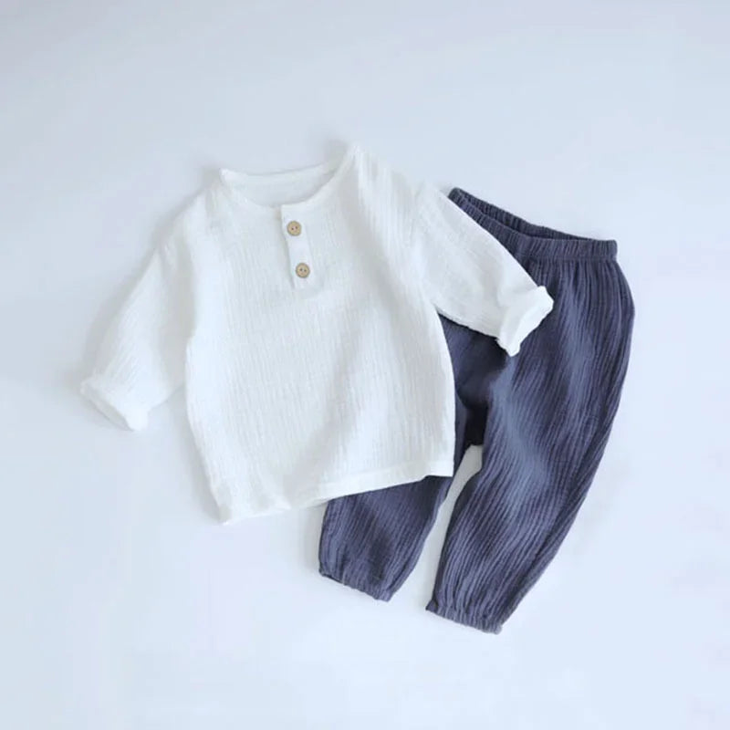 Infant Baby Clothes Set Long Sleeve Shirt and Loose Pants for Party Wear in white and navy blue