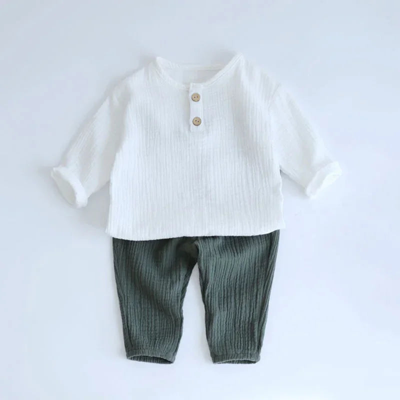 Infant Baby Clothes Set Long Sleeve Shirt and Loose Pants for Party Wear in white and olive green by Yamza Tots' Closet