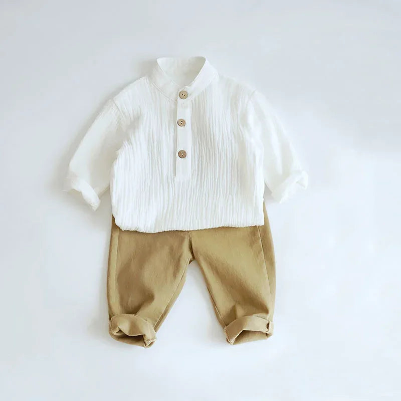 Infant Baby Clothes Set Long Sleeve Shirt and Loose Pants for Party Wear in white and tan colors