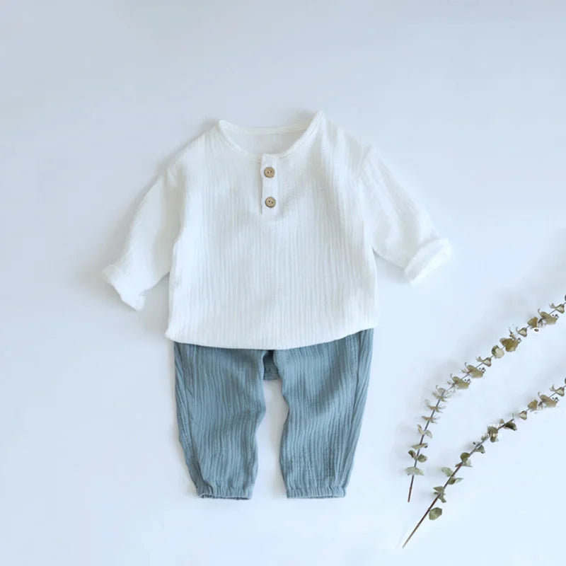 Infant Baby Clothes Set Long Sleeve Shirt and Loose Pants for Party Wear in white and blue 