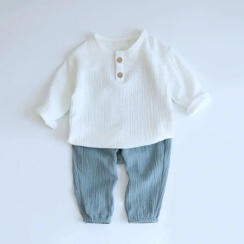 Infant Baby Clothes Set Long Sleeve Shirt and Loose Pants for Party Wear in white and blue