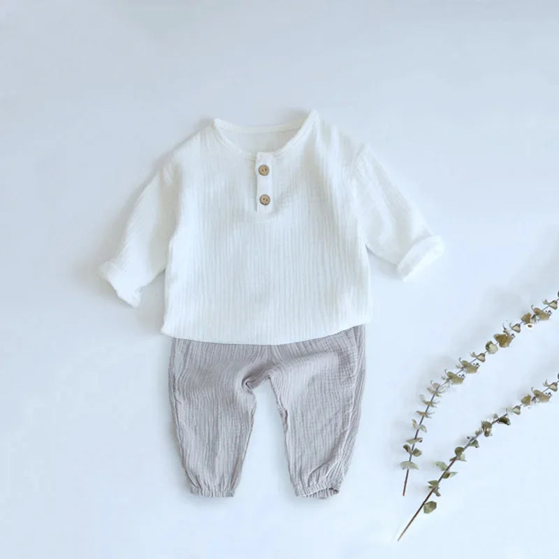 Infant Baby Clothes Set Long Sleeve Shirt and Loose Pants for Party Wear in white and gray