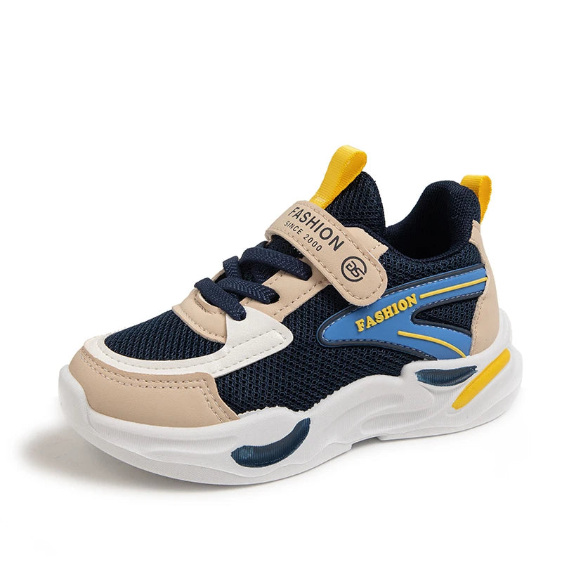 Kids Air Mesh Breathable Sports Running Sneakers Boys Girls School Shoes in navy blue beige and yellow