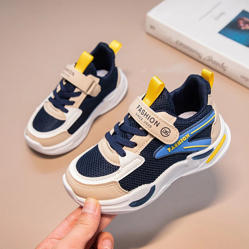 Kids Air Mesh Breathable Sports Running Sneakers Boys Girls School Shoes in pastel colors with yellow and teal accentss