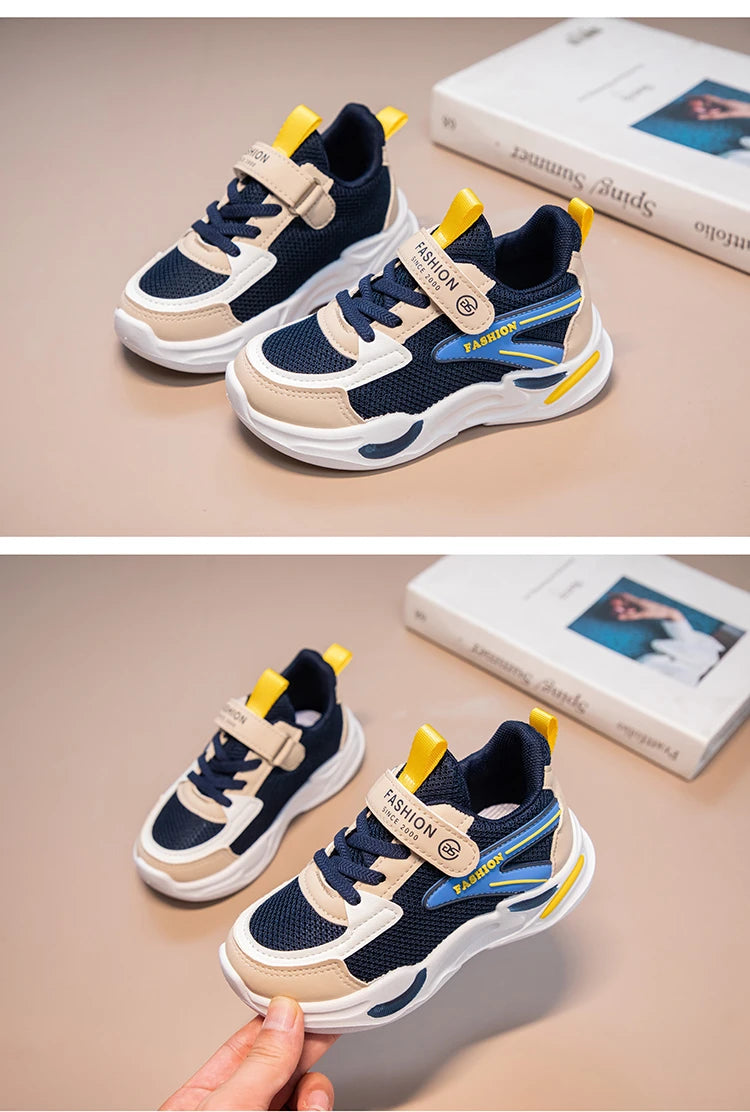 Kids Air Mesh Breathable Sports Running Sneakers Boys Girls School Shoes in navy blue and beige with yellow accents