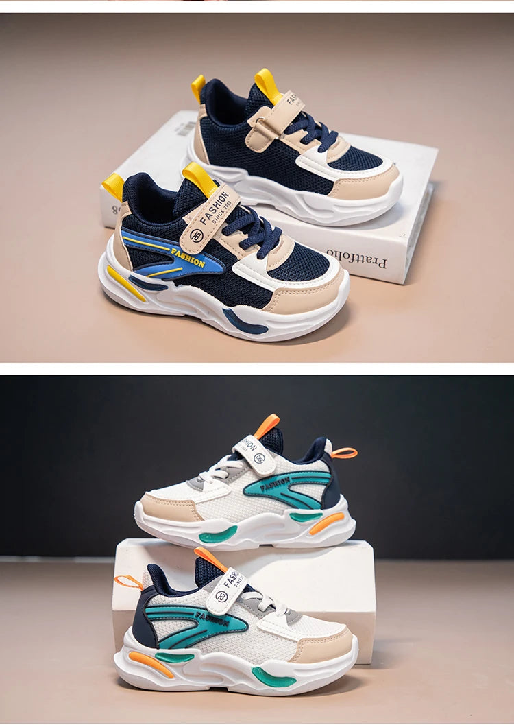 Kids Air Mesh Breathable Sports Running Sneakers Boys Girls School Shoes in navy blue and white color options