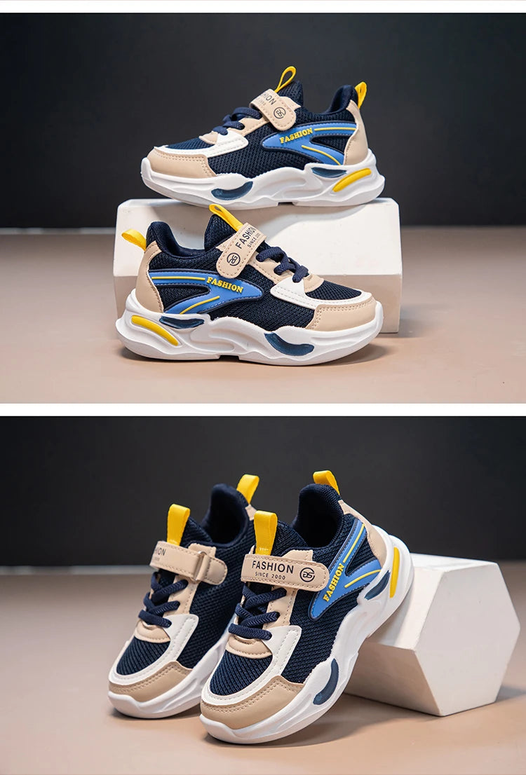 Kids Air Mesh Breathable Sports Running Sneakers Boys Girls School Shoes by Yamza Tots' Closet in navy blue beige and yellow