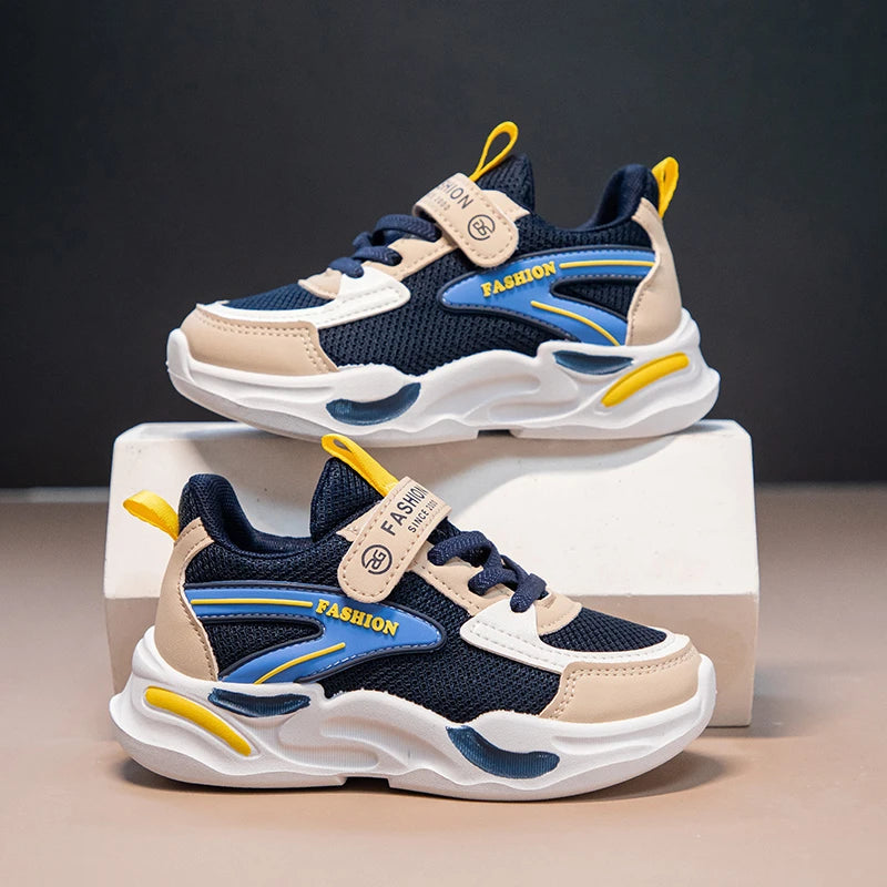 Kids Air Mesh Breathable Sports Running Sneakers Boys Girls School Shoes in navy blue white and yellow by Yamza Tots Closet
