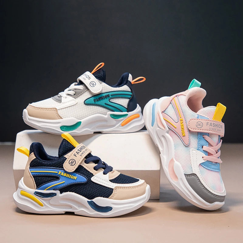 Kids Air Mesh Breathable Sports Running Sneakers Boys Girls School Shoes in three colorful designs by Yamza Tots Closet