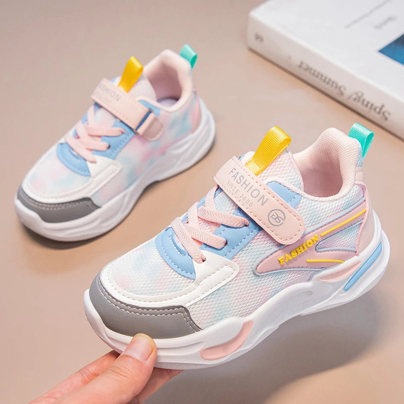 Kids Air Mesh Breathable Sports Running Sneakers Boys Girls School Shoes in pastel colors with yellow and teal accents