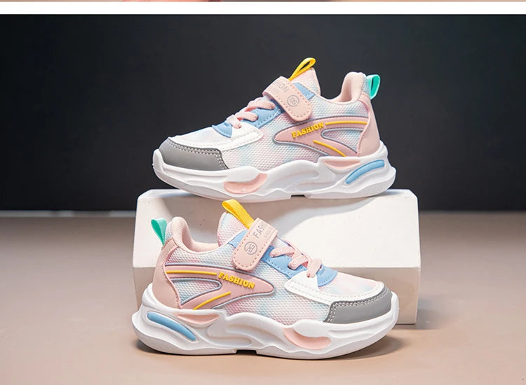 Kids Air Mesh Breathable Sports Running Sneakers Boys Girls School Shoes in pastel colors with white soles