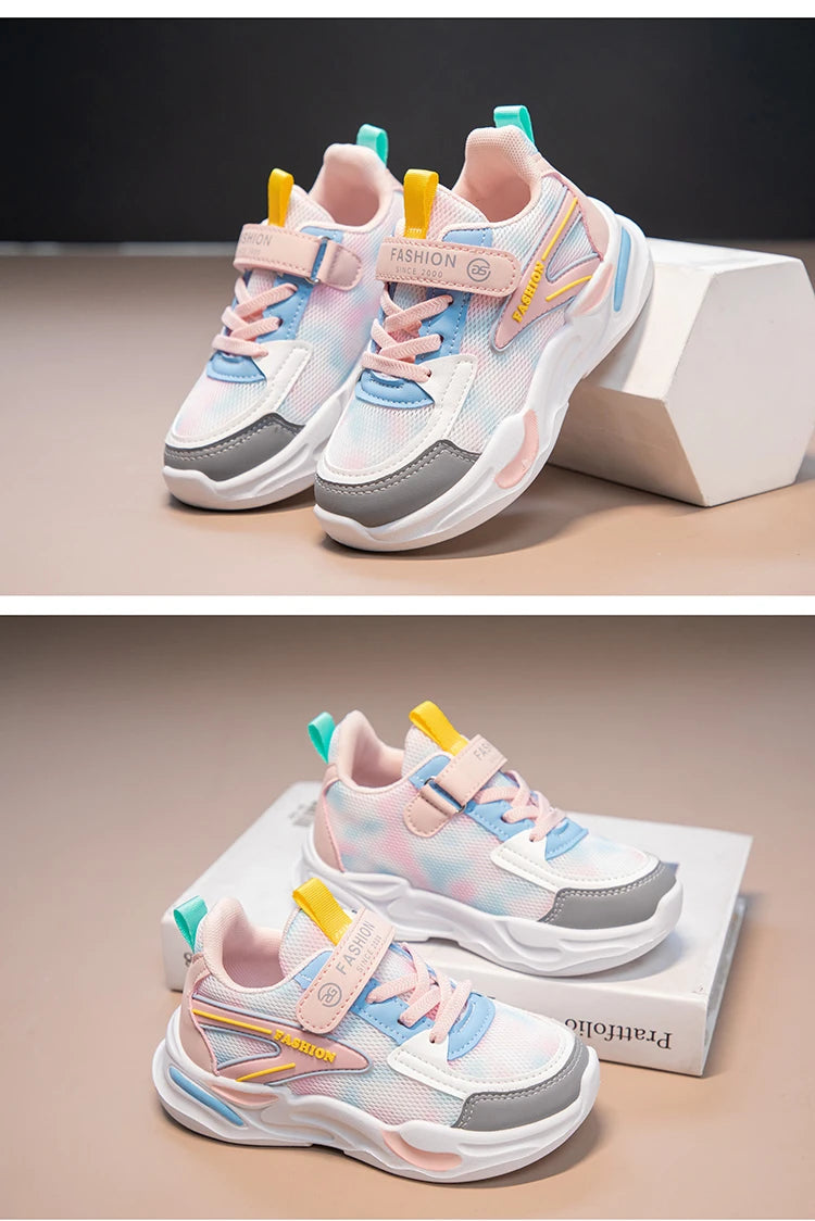 Kids Air Mesh Breathable Sports Running Sneakers Boys Girls School Shoes in pastel colors with Velcro strap