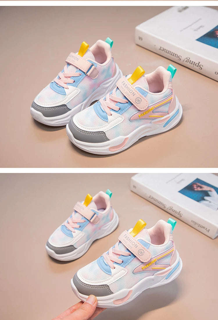 Kids Air Mesh Breathable Sports Running Sneakers Boys Girls School Shoes in pastel colors with pink laces and yellow accents