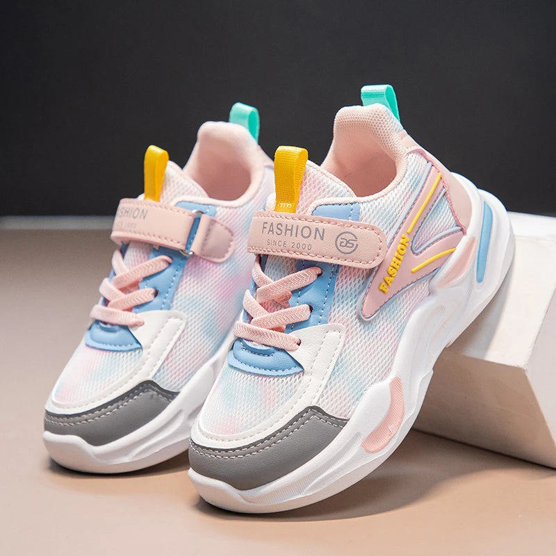 Kids Air Mesh Breathable Sports Running Sneakers Boys Girls School Shoes in pastel pink blue and white with yellow accents