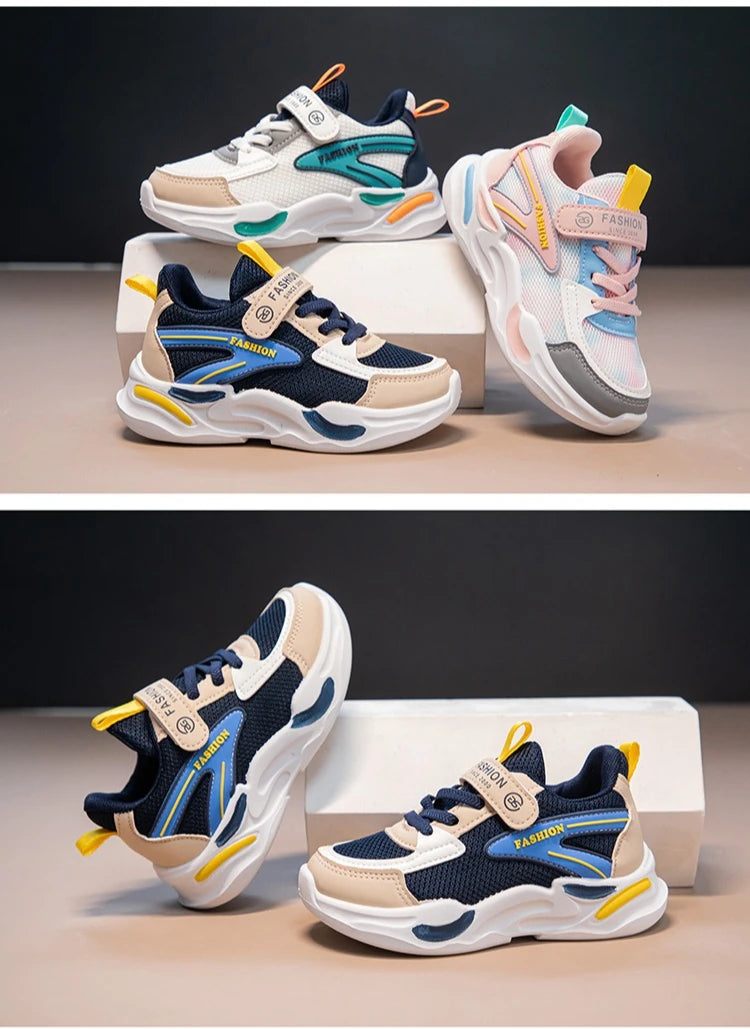 Kids Air Mesh Breathable Sports Running Sneakers Boys Girls School Shoes in blue, pink, and white colors by Yamza Tots Closet