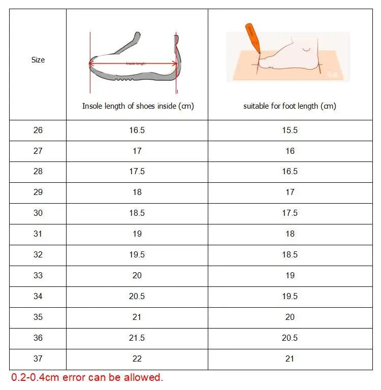 Size chart for Kids Air Mesh Breathable Sports Running Sneakers Boys Girls School Shoes showing insole and foot length measurements