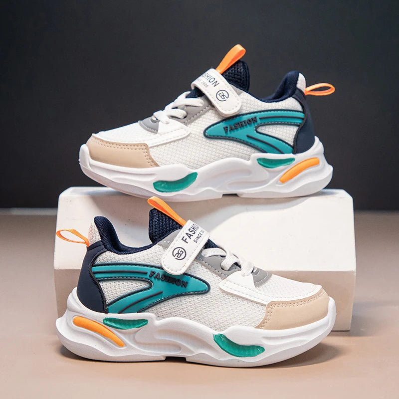 Kids Air Mesh Breathable Sports Running Sneakers Boys Girls School Shoes in white with teal and orange accents