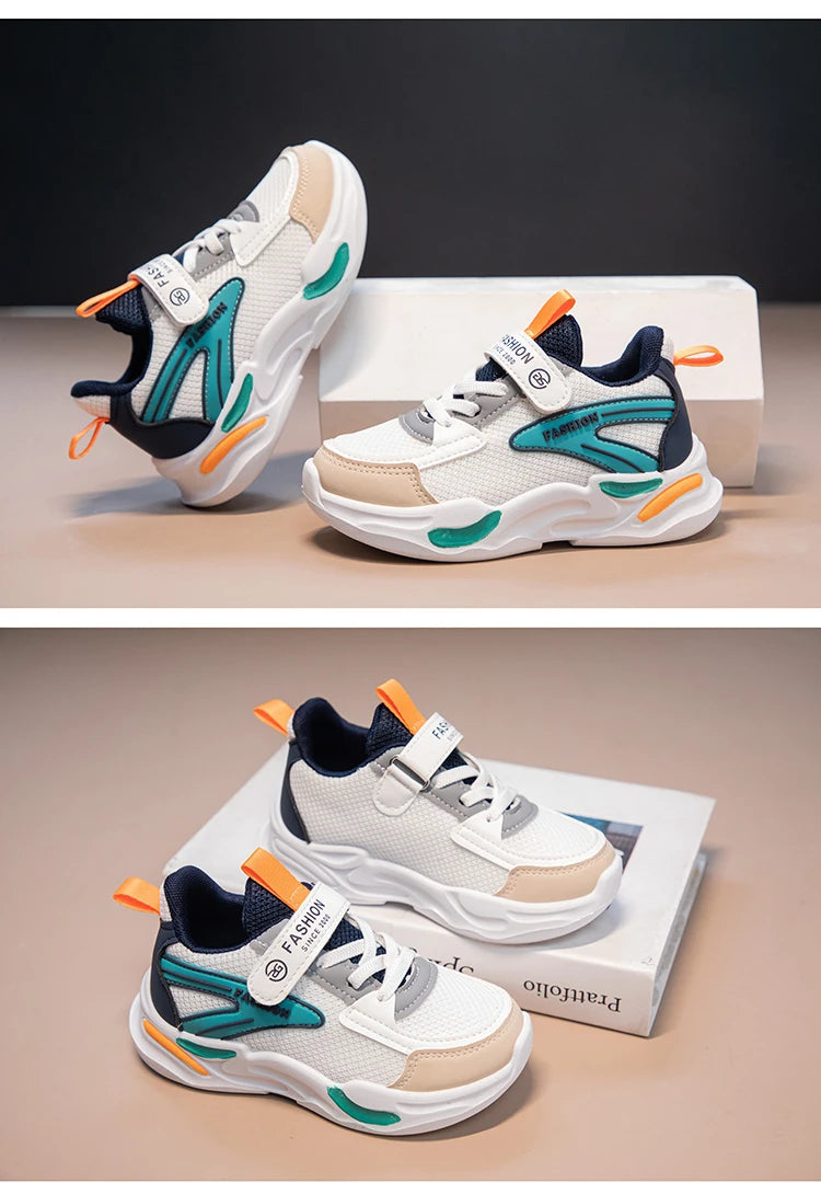 Kids Air Mesh Breathable Sports Running Sneakers Boys Girls School Shoes in white with teal and orange accents by Yamza Tots' Closet