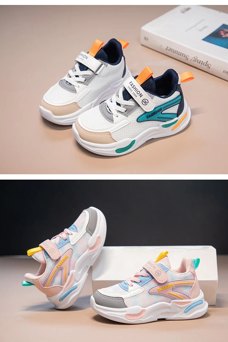 Kids Air Mesh Breathable Sports Running Sneakers Boys Girls School Shoes in white and pink color options