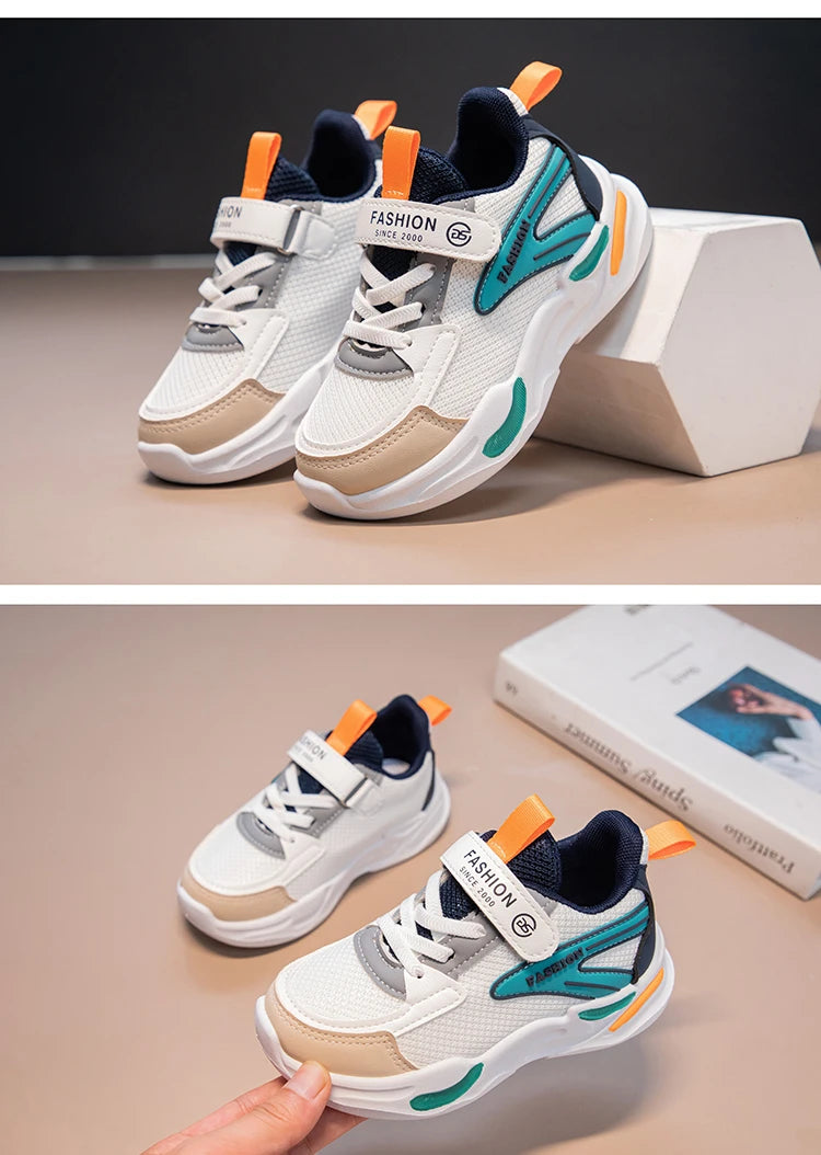 Kids Air Mesh Breathable Sports Running Sneakers Boys Girls School Shoes in white teal and orange design