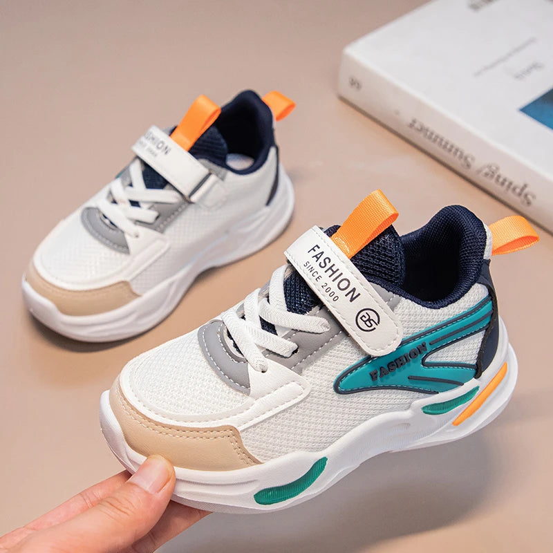Kids Air Mesh Breathable Sports Running Sneakers Boys Girls School Shoes in white with orange and teal accents