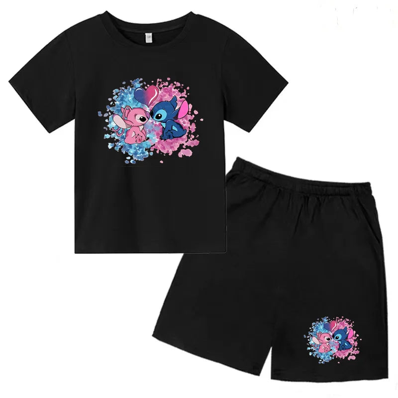 Kids Anime Stitch Print T-Shirt and Shorts Set Toddler Boys Girls Outfit in black with colorful character design
