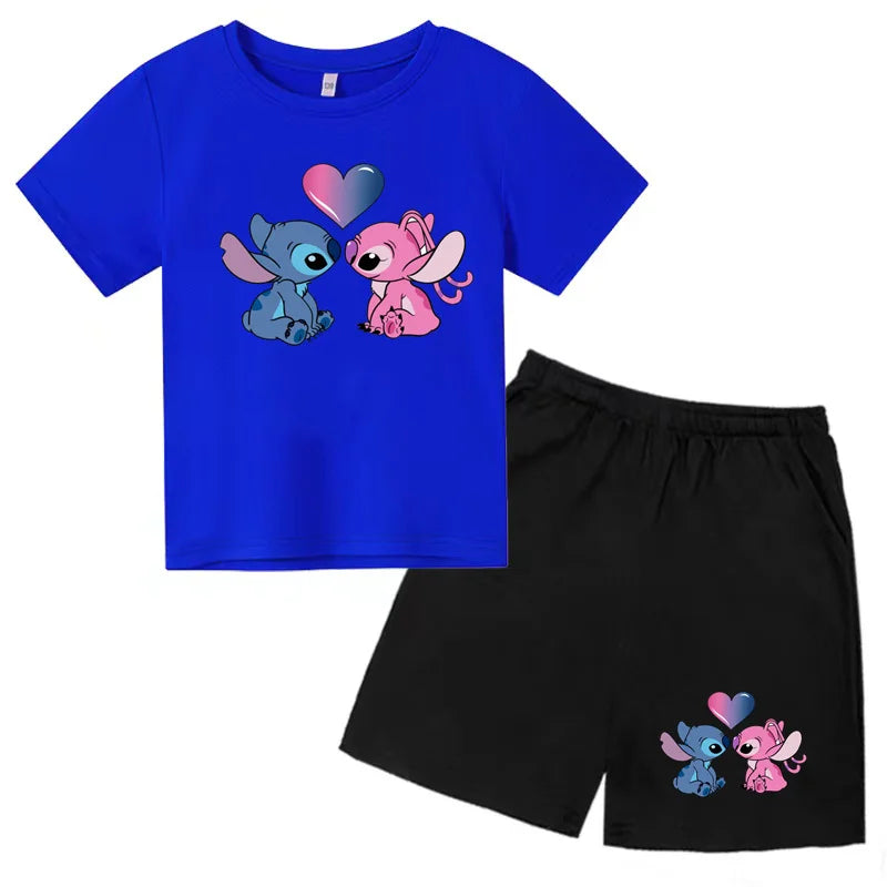 Kids Anime Stitch Print T-Shirt and Shorts Set Toddler Boys Girls Outfit with blue shirt and black shorts featuring cute stitch characters