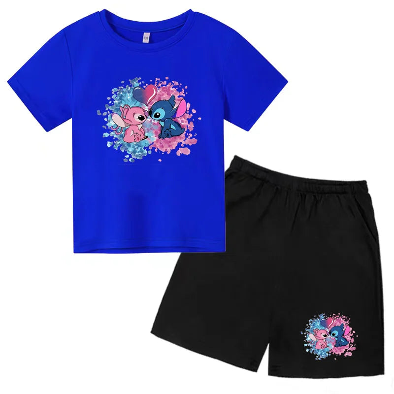 Kids Anime Stitch Print T-Shirt and Shorts Set Toddler Boys Girls Outfit in blue and black with cartoon characters
