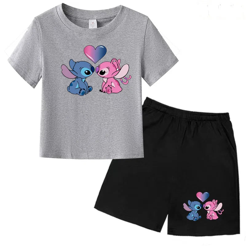 Kids Anime Stitch Print T-Shirt and Shorts Set Toddler Boys Girls Outfit with blue and pink characters on gray and black clothing