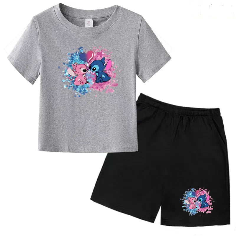 Kids Anime Stitch Print T-Shirt and Shorts Set Toddler Boys Girls Outfit with gray top and black shorts