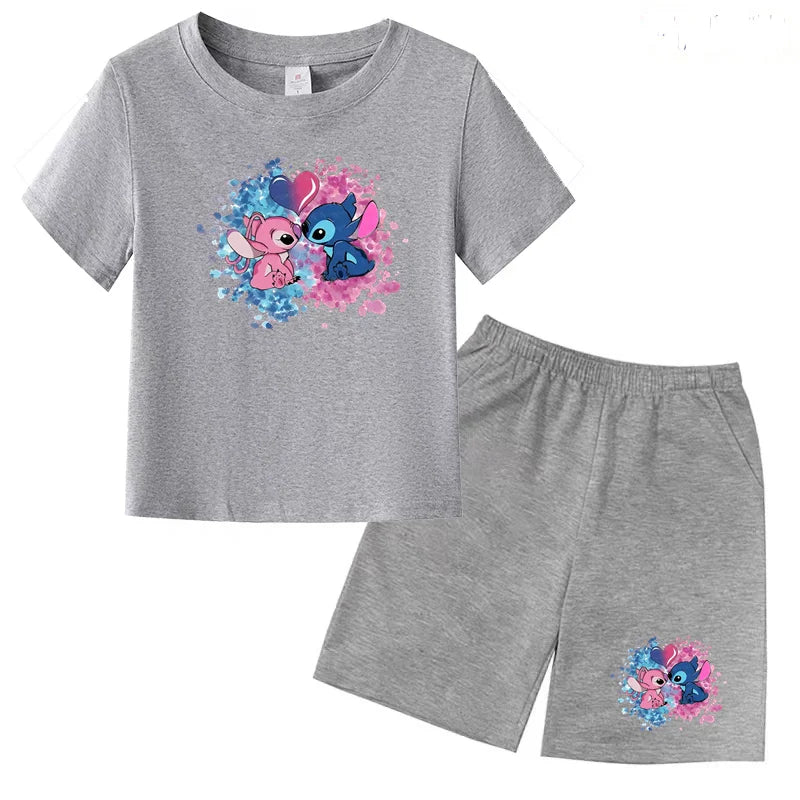 Kids Anime Stitch Print T-Shirt and Shorts Set Toddler Boys Girls Outfit in gray with colorful character design