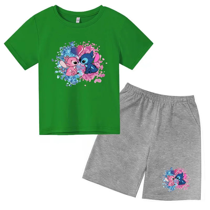 Kids Anime Stitch Print T-Shirt and Shorts Set Toddler Boys Girls Outfit in green and gray with colorful character design