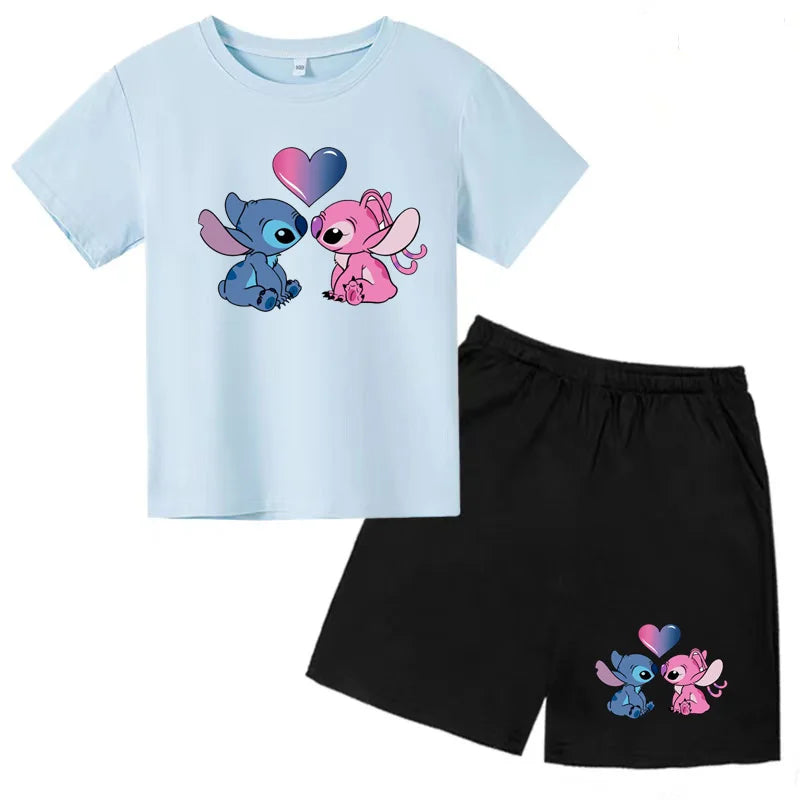 Kids Anime Stitch Print T-Shirt and Shorts Set Toddler Boys Girls Outfit with blue shirt and black shorts featuring cartoon character design