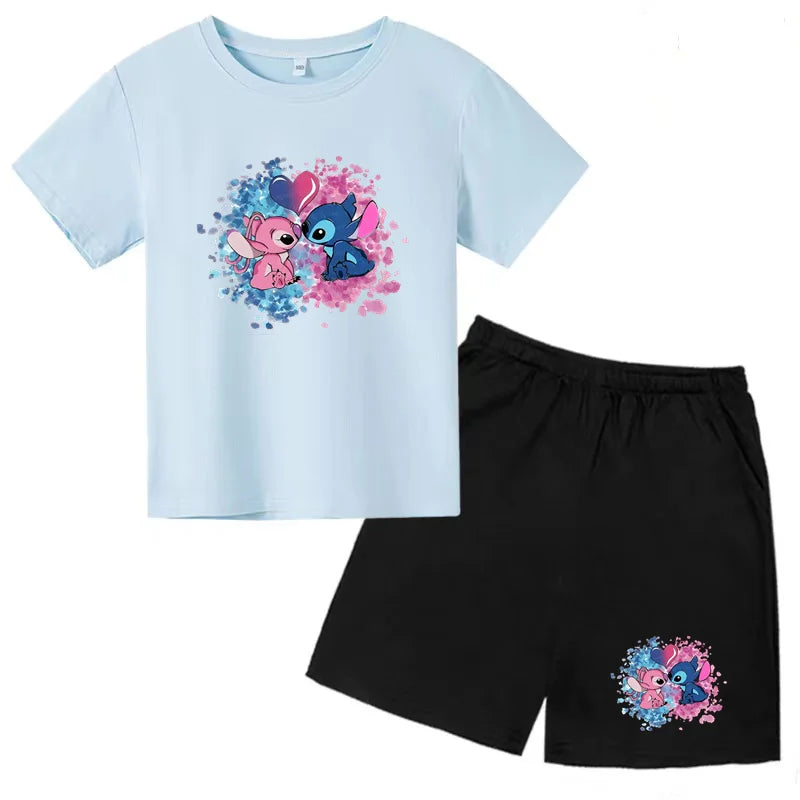 Kids Anime Stitch Print T-Shirt and Shorts Set Toddler Boys Girls Outfit with blue top and black shorts