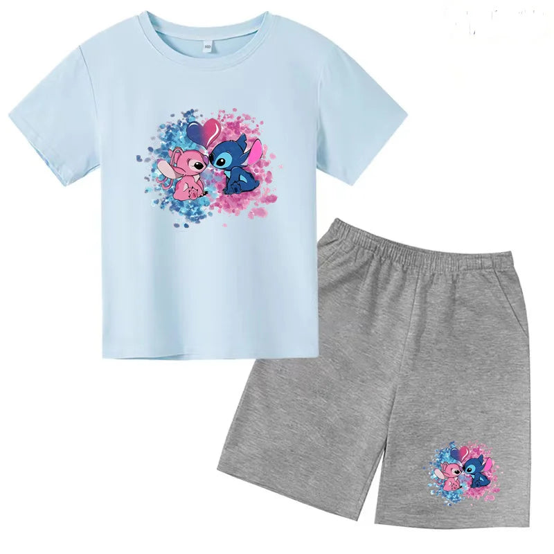 Kids Anime Stitch Print T-Shirt and Shorts Set Toddler Boys Girls Outfit with blue top and gray shorts
