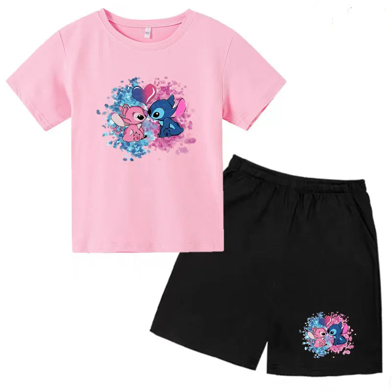 Kids Anime Stitch Print T-Shirt and Shorts Set Toddler Boys Girls Outfit with pink tee and black shorts